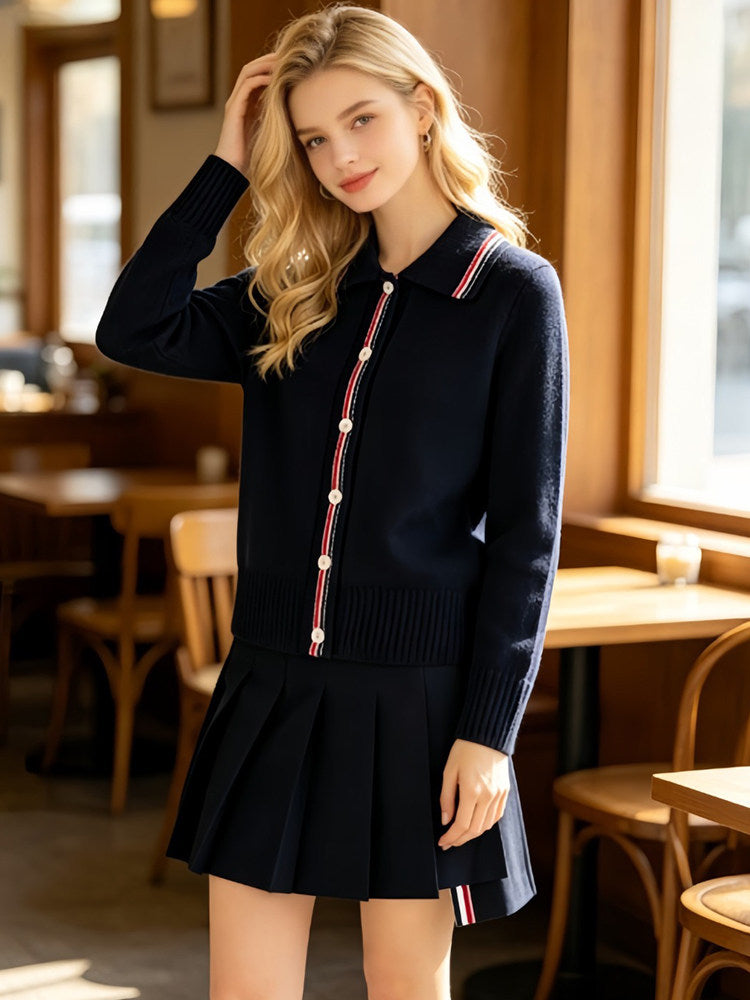 Thom Browne Style Dog Motif Polo-Collar Wool Cardigan