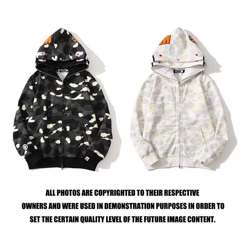 Bathing Ape Hoodie Shark Head Embroidery Luminous Spot Camouflage Double Hood Brushed Hoody Men and Women