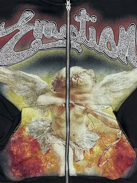 Mixed Emotion Rhinestone graphic-print zip-up hoodie
