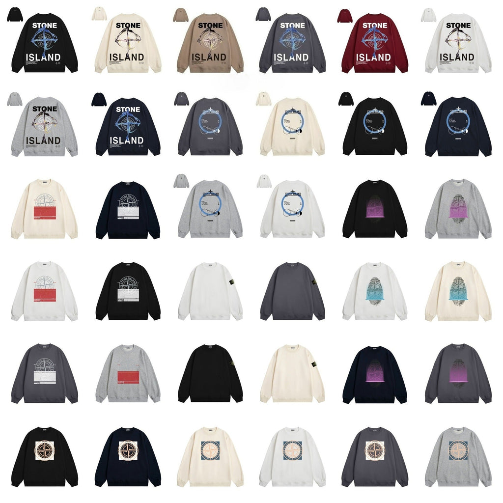 Stone Island Compass Print Crewneck Sweatshirt Men Winter Fleece Top