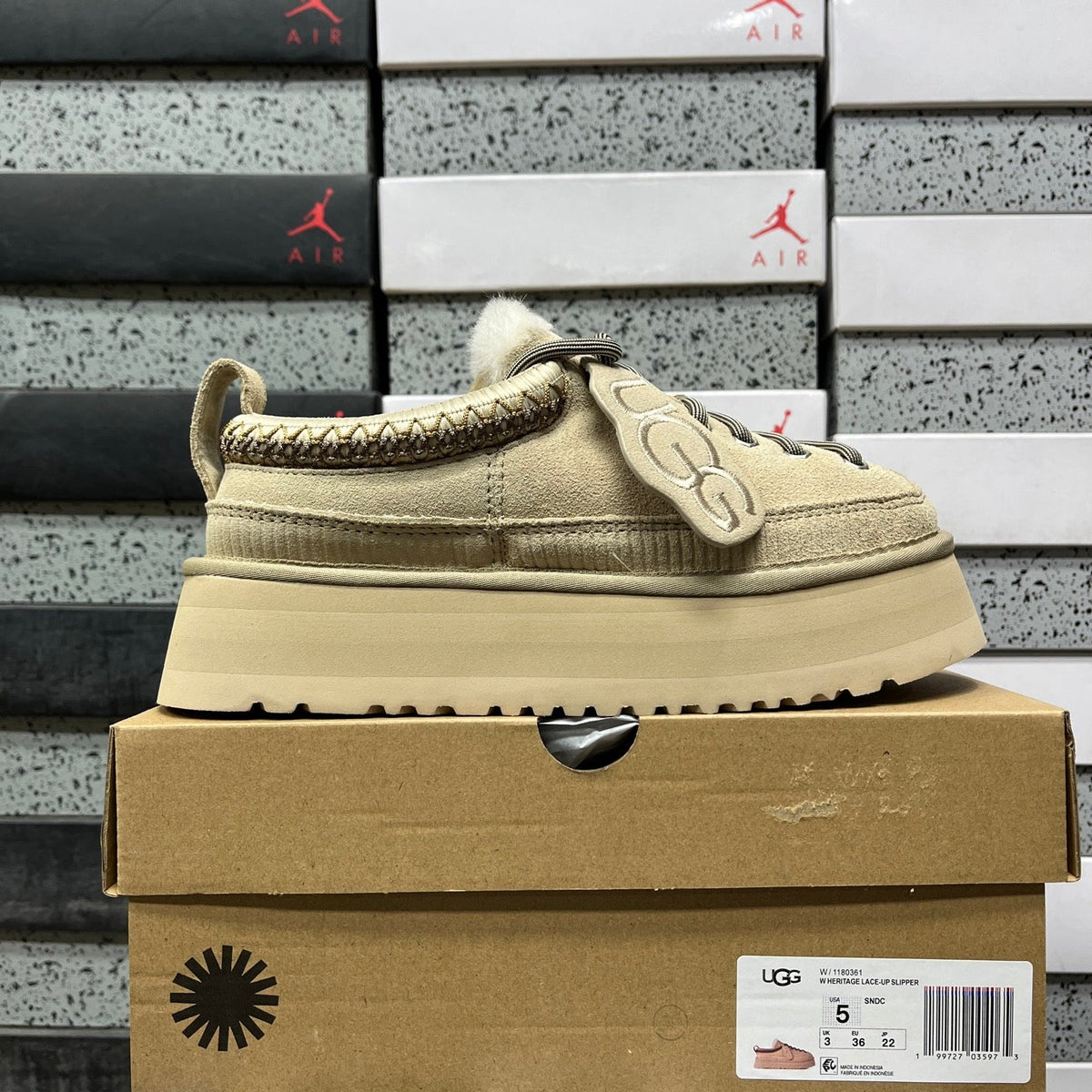 UGG Lowmel Platform Sneaker – Suede Low-Top with Shearling Collar, Braided Trim, Bungee Lace & Chunky Platform Sole in Sand