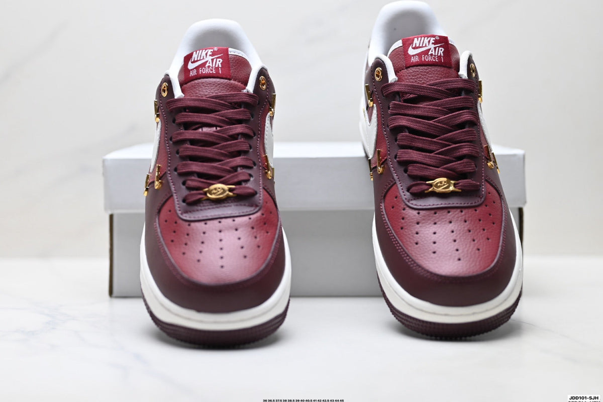 Nike Air Force 1 Low Burgundy White Gold Unisex Sneakers Style 02