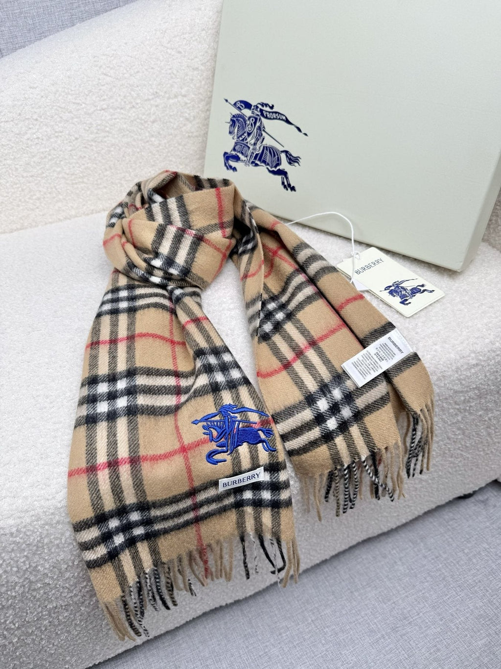 Burberry Beige Check Fringed Scarf