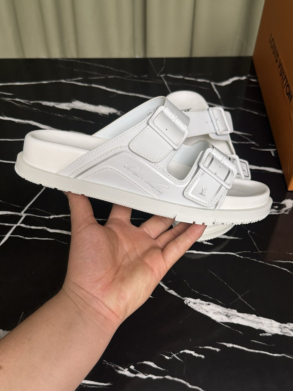 Louis Vuitton Men's White Double-Buckle Slide Sandals