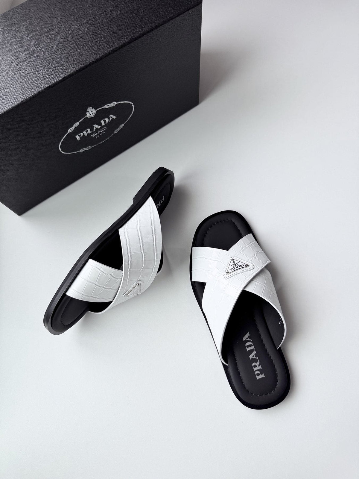 Prada Men's Croc-Embossed Cross-Strap Slide Sandals