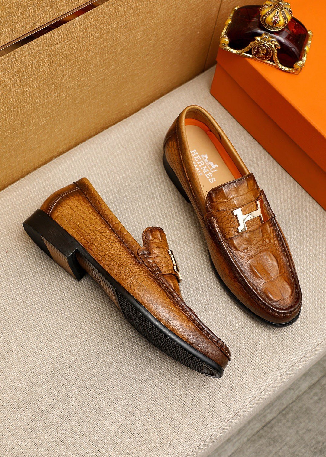 Hermès Crocodile-Embossed H-Hardware Loafers