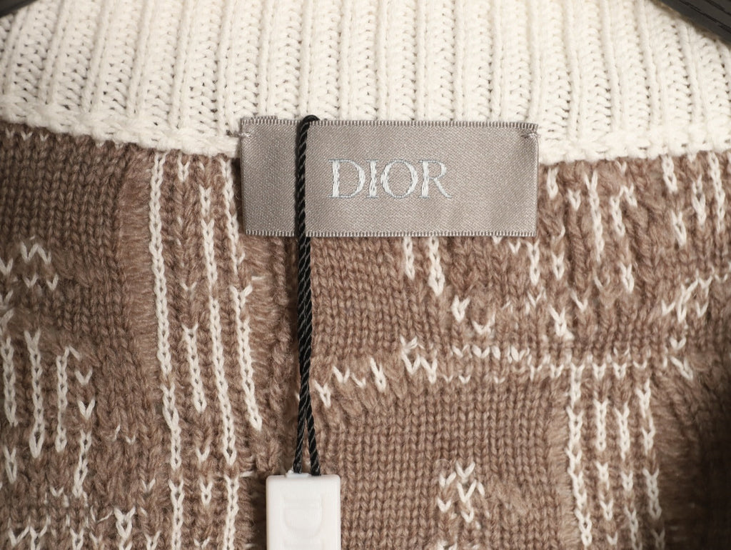 Dior CD Oblique Pattern Zip-Front Knit Cardigan - Beige